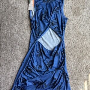 Blue Sleeveless Dress with Black Leaf Pattern